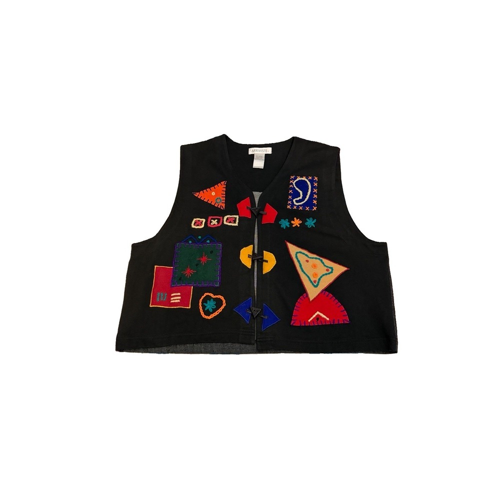 Vtg Patchwork Vest Womens XL Mix Media Geometric Pop Art Alt Hippie Boho 90s Y2K